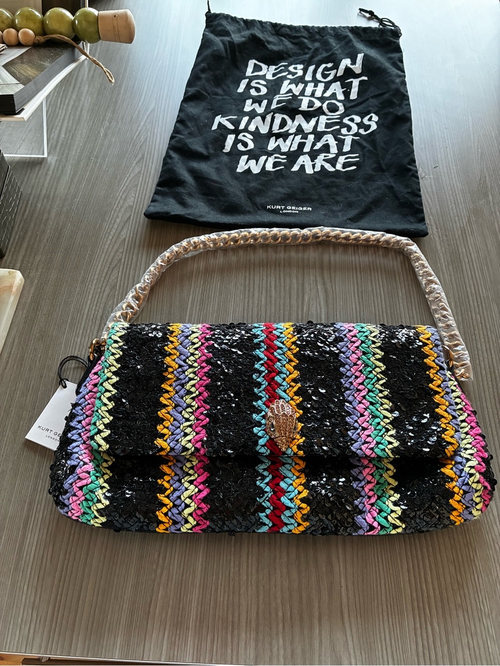 Kurt Geiger Black Sequin Shoulder Bag with Multicolor Stripes